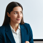 A professional female speaker with a warm, engaging expression, wearing a modest business suit, actively listening and making eye contact with an unseen participant during a live webinar Q&A session. She is holding a pen, poised to note something on a tablet. The background is a modern, softly lit virtual studio with abstract digital lines subtly suggesting connection. The scene emphasizes human empathy and understanding in communication. Perfect anatomy, correct proportions, natural pose, well-formed hands, proper finger count, natural body proportions. fully clothed, modest clothing, appropriate attire, professional dress, safe for work, appropriate content, family-friendly, professional photography, high quality.