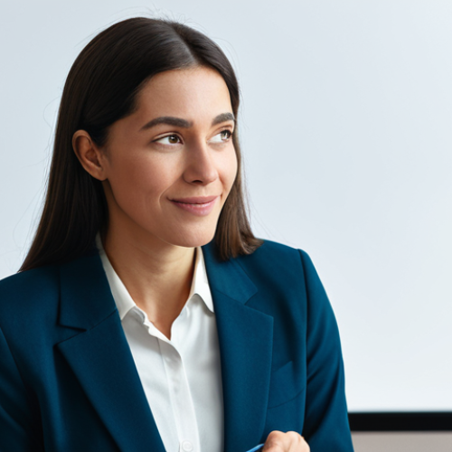 A professional female speaker with a warm, engaging expression, wearing a modest business suit, actively listening and making eye contact with an unseen participant during a live webinar Q&A session. She is holding a pen, poised to note something on a tablet. The background is a modern, softly lit virtual studio with abstract digital lines subtly suggesting connection. The scene emphasizes human empathy and understanding in communication. Perfect anatomy, correct proportions, natural pose, well-formed hands, proper finger count, natural body proportions. fully clothed, modest clothing, appropriate attire, professional dress, safe for work, appropriate content, family-friendly, professional photography, high quality.