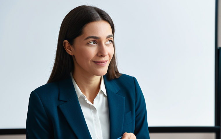 A professional female speaker with a warm, engaging expression, wearing a modest business suit, actively listening and making eye contact with an unseen participant during a live webinar Q&A session. She is holding a pen, poised to note something on a tablet. The background is a modern, softly lit virtual studio with abstract digital lines subtly suggesting connection. The scene emphasizes human empathy and understanding in communication. Perfect anatomy, correct proportions, natural pose, well-formed hands, proper finger count, natural body proportions. fully clothed, modest clothing, appropriate attire, professional dress, safe for work, appropriate content, family-friendly, professional photography, high quality.
