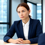 A professional female facilitator in a modest business blazer and blouse, seated attentively in a modern online conference room setting. She is fully clothed, with appropriate attire, gently nodding with a thoughtful expression, demonstrating active listening during a Q&A session. The background features a blurred modern office interior with soft, professional lighting, enhancing the focus on communication. Safe for work, appropriate content, professional, perfect anatomy, correct proportions, natural pose, well-formed hands, proper finger count, natural body proportions, high-quality professional photography.