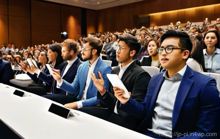 질의응답 세션과 대중 강연의 차이점 - **Prompt 1: The Spark of Inquiry**
    "A dynamic, brightly lit conference hall filled with a divers...