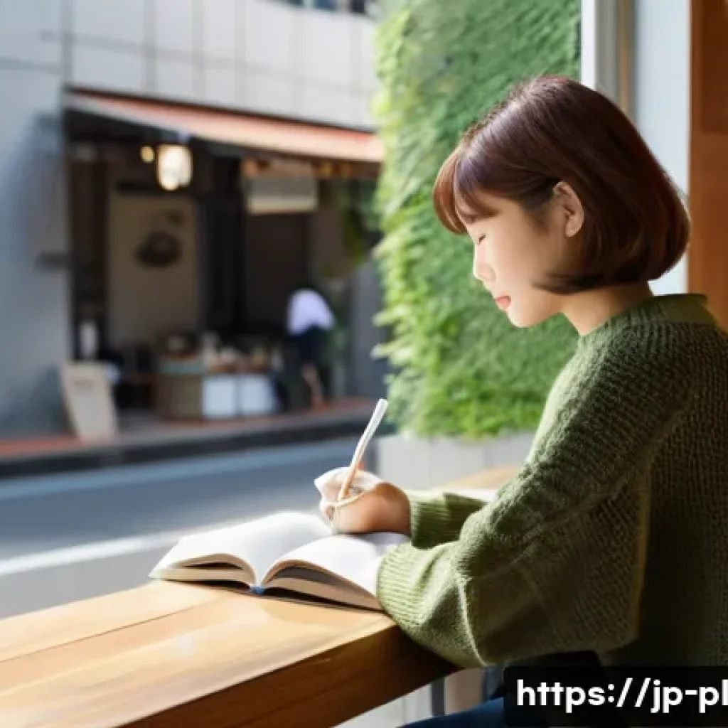 질의응답 세션의 기억에 남는 마무리하기 - **Prompt:** A cozy, sunlit cafe interior in Tokyo. A young woman with short, stylish brown hair is s...