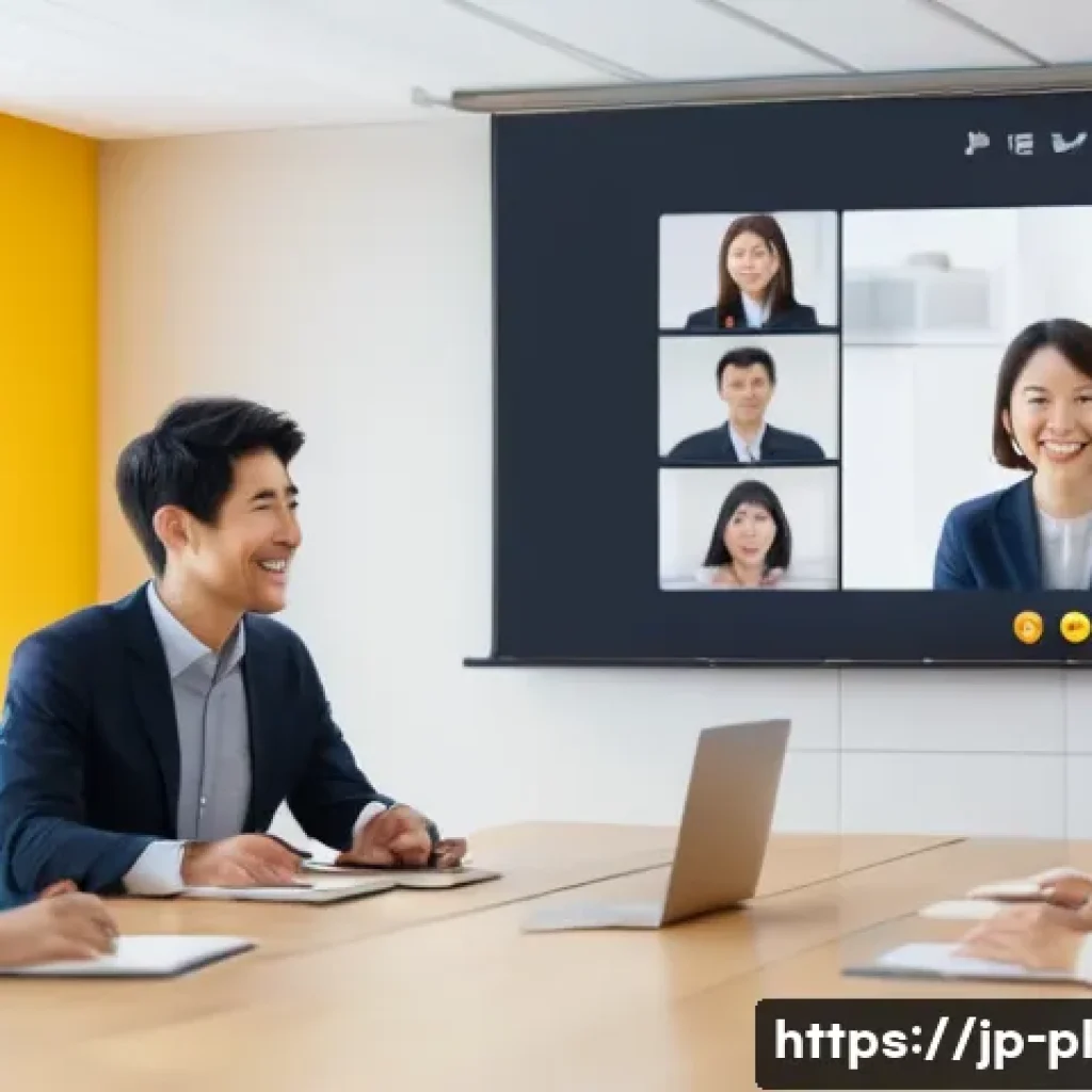 질의응답 세션의 효과적인 정보 전달 방식 - A modern Japanese webinar scene set in a bright, professional room with a diverse group of adult par...