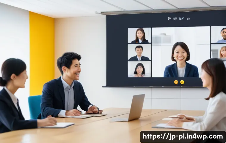 질의응답 세션의 효과적인 정보 전달 방식 - A modern Japanese webinar scene set in a bright, professional room with a diverse group of adult par...