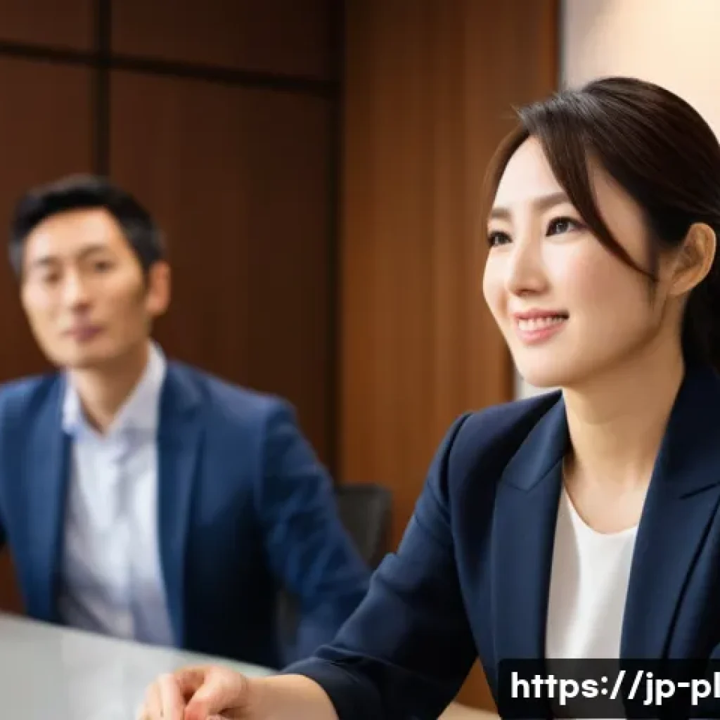 질의응답 세션에서의 비언어적 커뮤니케이션 - A professional Japanese businesswoman in her 30s, wearing a neat blazer and blouse, sitting at a con...
