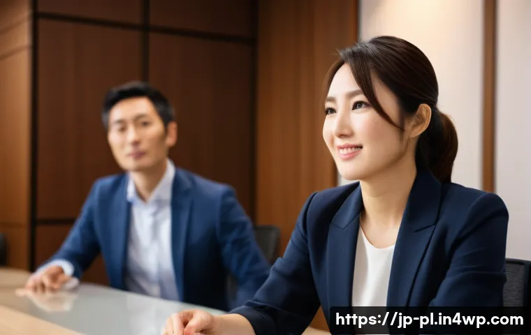 질의응답 세션에서의 비언어적 커뮤니케이션 - A professional Japanese businesswoman in her 30s, wearing a neat blazer and blouse, sitting at a con...