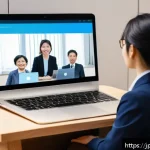 질의응답 세션의 시간 관리 기법 - A professional online seminar scene showing a diverse group of Japanese participants attentively eng...