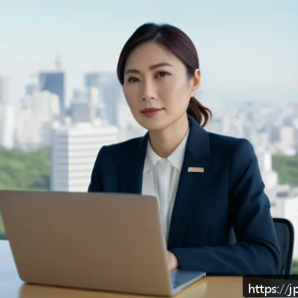 질의응답 세션 이후의 후속 조치 방법 - A modern Japanese businesswoman in her 30s, sitting at a sleek wooden desk in a bright office with l...