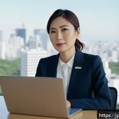 질의응답 세션 이후의 후속 조치 방법 - A modern Japanese businesswoman in her 30s, sitting at a sleek wooden desk in a bright office with l...