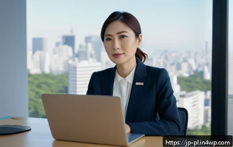질의응답 세션 이후의 후속 조치 방법 - A modern Japanese businesswoman in her 30s, sitting at a sleek wooden desk in a bright office with l...