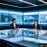 질의응답 세션의 분야별 트렌드 분석 - A futuristic Japanese office scene showing a diverse team of professionals interacting seamlessly wi...