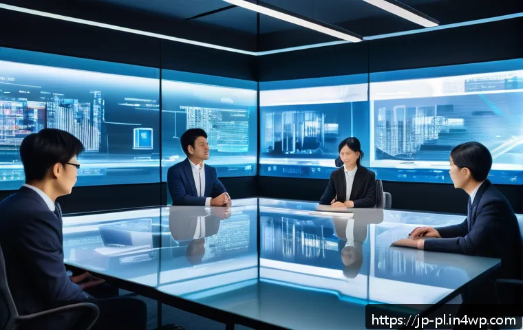 질의응답 세션의 분야별 트렌드 분석 - A futuristic Japanese office scene showing a diverse team of professionals interacting seamlessly wi...